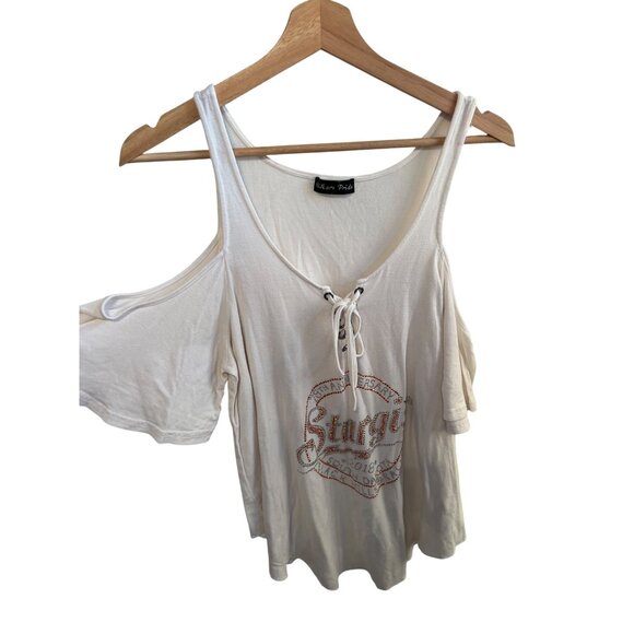 Bikero Pride White Cold Shoulder Top Sturgis Bling Design Women's Size L - Picture 2 of 8